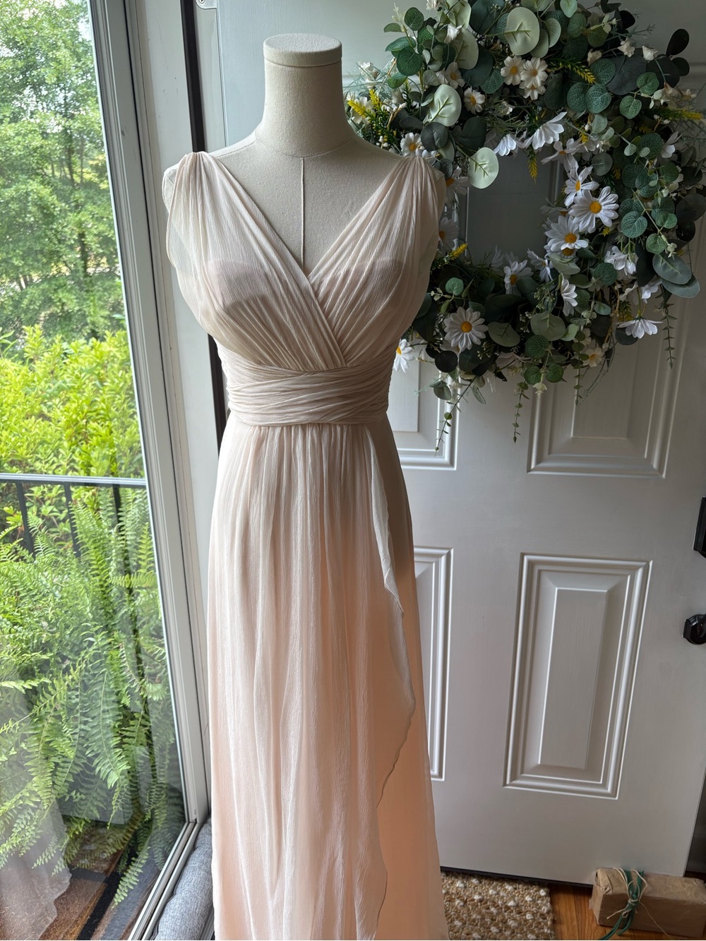 Amsale 100% Silk Blush Cream Pleated Chiffon Maxi Gown